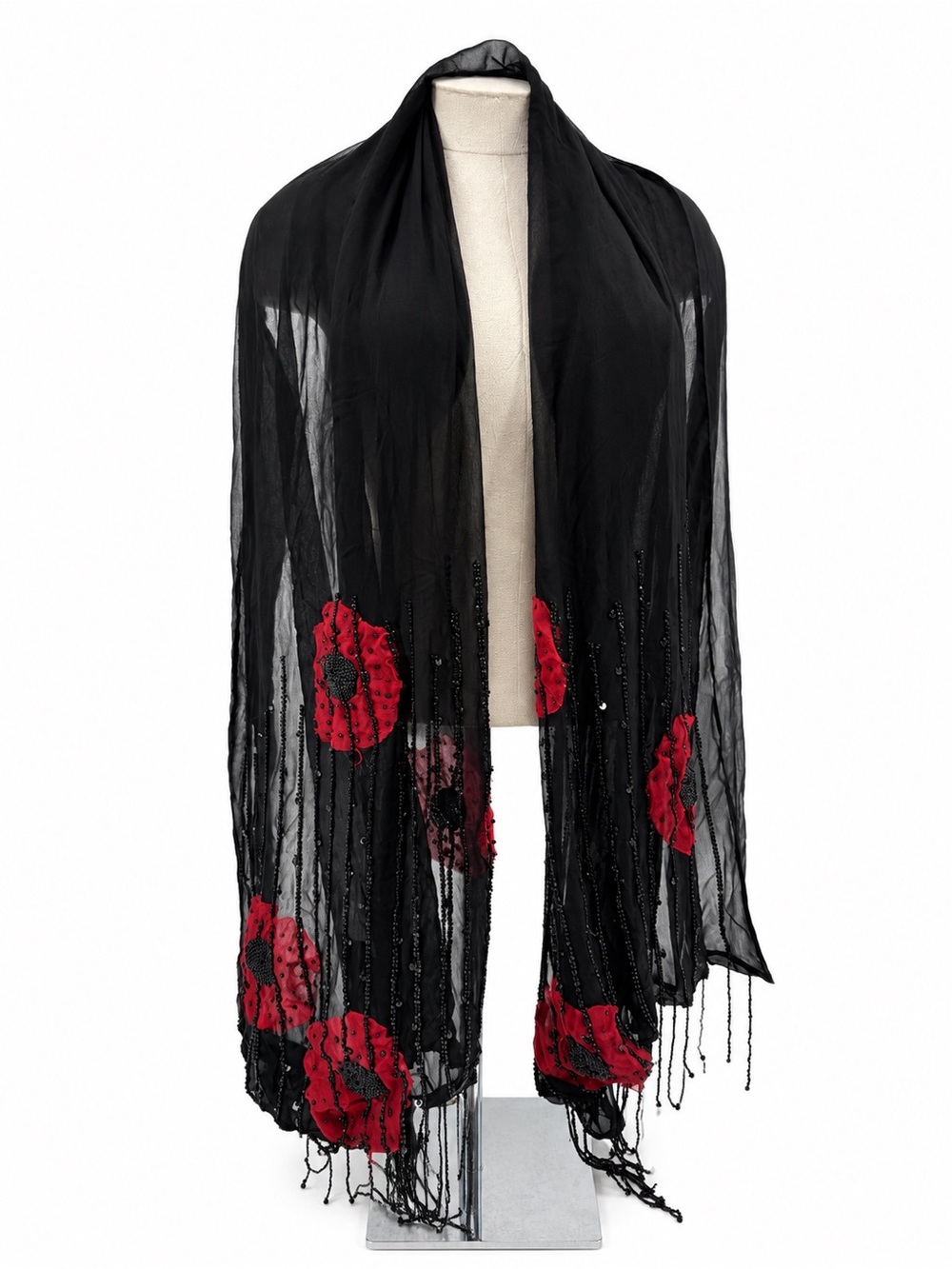 Chico’s Black Red 100% Silk Beaded Sequin Scarf Fringe Evening Wrap